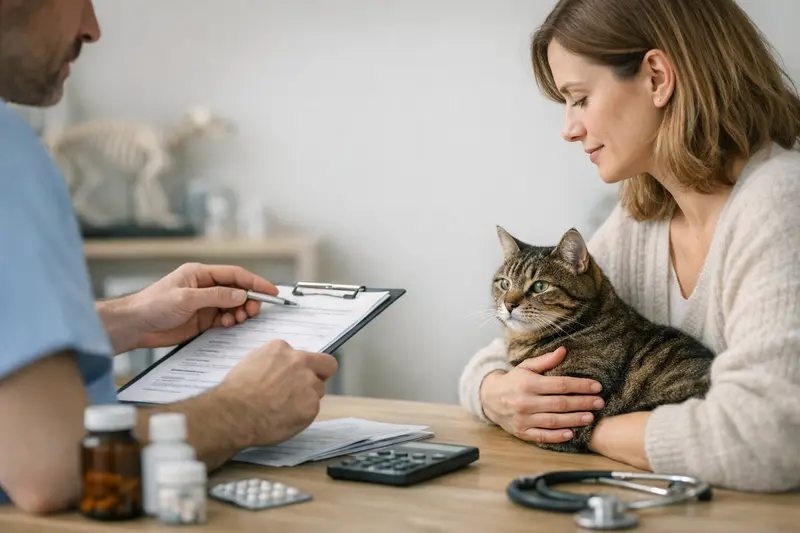 Eine Katze beim Tierarzt, die Untersuchungskosten und Versicherungsfragen klärt.