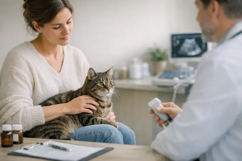 Ein glücklicher Hund beim Tierarzt, der eine Vorsorgeuntersuchung für die Darmgesundheit erhält.
