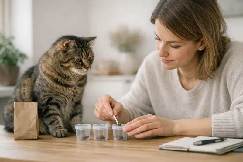 Tierarzt untersucht eine Sammelkotprobe bei einer Katze zur Diagnostik von Verdauungsproblemen.