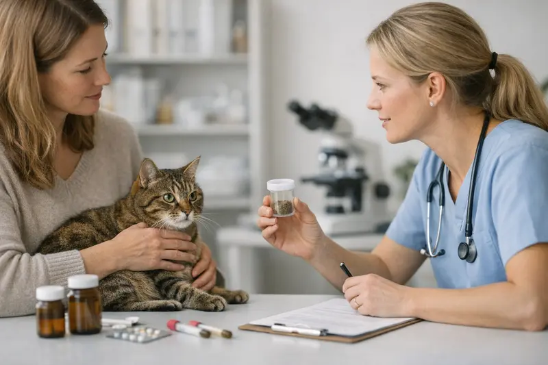 Tierarztkosten bei Darmproblemen Katzenveterinär untersucht eine Katze auf Darmprobleme in einer Klinik.