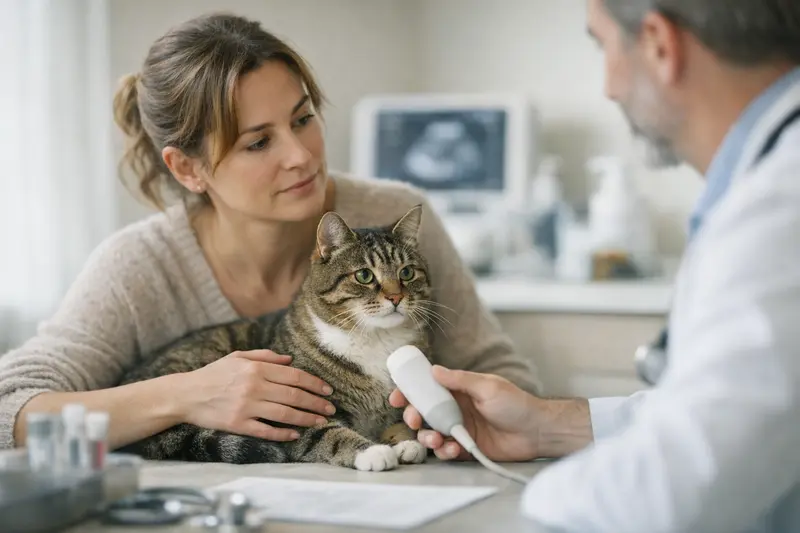 Tierärztliche Diagnostik bei unklaren Ursachen Tierarzt untersucht eine Katze auf mögliche Ursachen von Gesundheitsproblemen.
