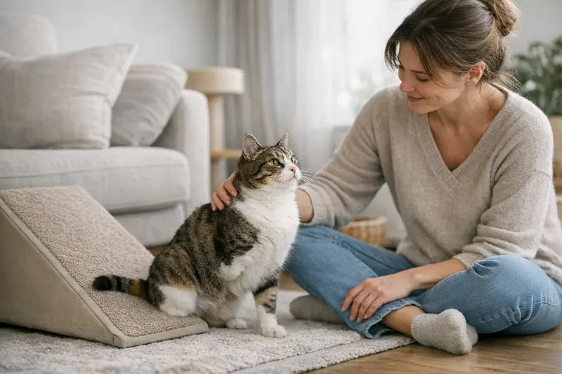 Katze mit drei Beinen beim Spielen Eine Katze mit drei Beinen, die in einem sicheren Umfeld spielt und aktiv ist.