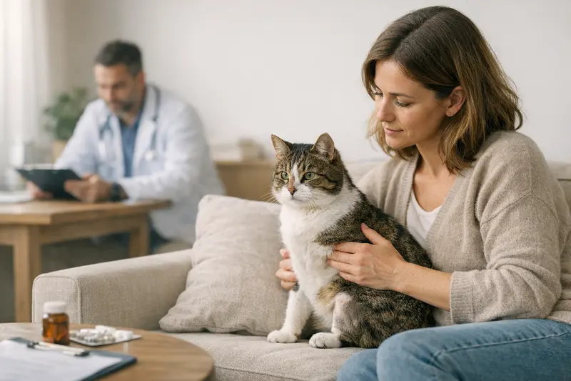 Eine Katze wird beim Tierarzt untersucht, während der Halter Fragen zur Vorerkrankung und Versicherungsschutz stellt.
