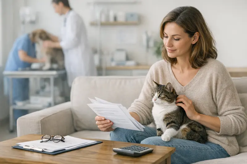 Tarifvergleich Katzenversicherung Katzenbesitzer, der die Behandlungskosten und Versicherungsoptionen für seine Katze vergleicht.
