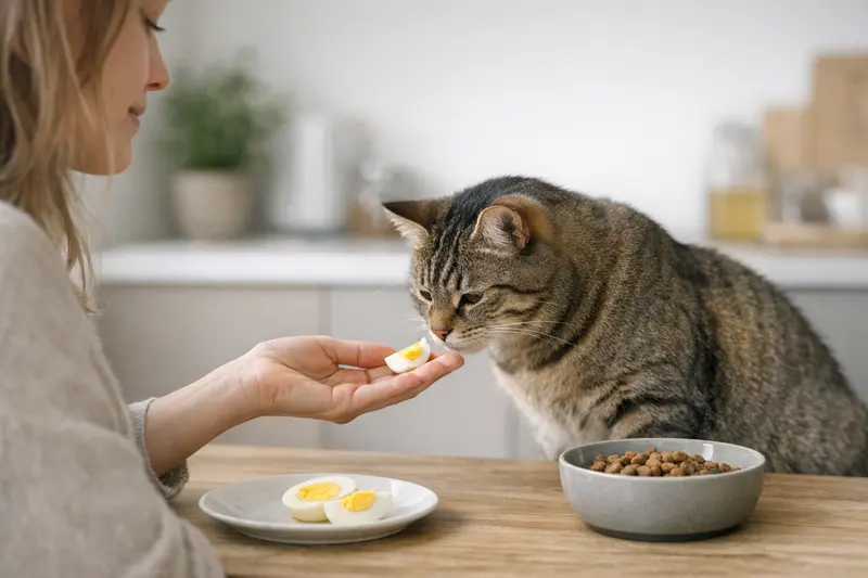 Katzen und Ei: Gelegentliche Leckerbissen für Stubentiger Eine Katze genießt ein wenig Ei als gelegentlichen Snack, während sie unter Aufsicht ihrer Besitzerin ist.