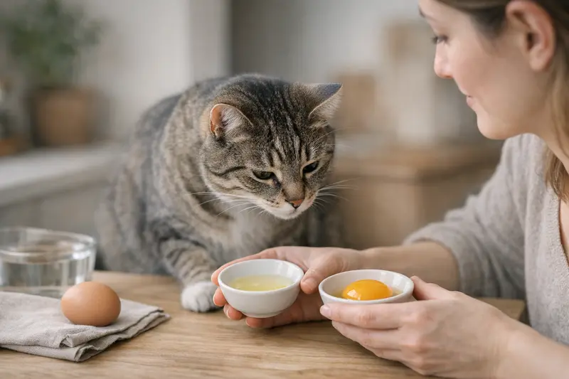 Katze mit Ei Eine Katze untersucht ein rohes Ei, um herauszufinden, ob Eigelb oder Eiweiß besser vertragen wird.