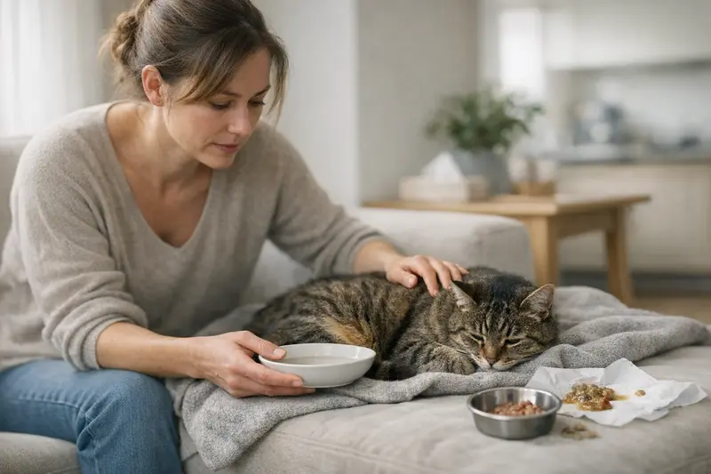 Eine Katze zeigt Symptome nach dem Füttern, wie Apathie und Erbrechen.
