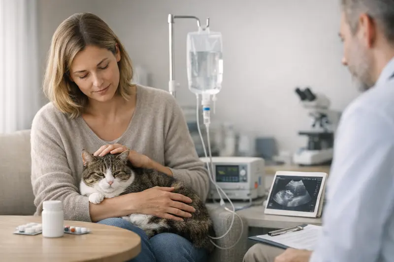 Eine Katze wird von einem Tierarzt wegen akuter Verdauungsprobleme untersucht.