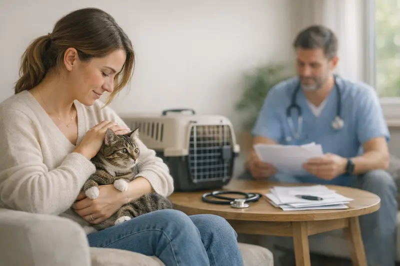 Eine Katze beim Tierarzt, die von einem Veterinär untersucht wird, symbolisiert die Wichtigkeit einer Absicherung für Tierarztkosten.