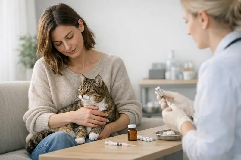 Tierarzt bei der Durchführung von Impfungen und Parasitenbehandlungen bei einer Katze