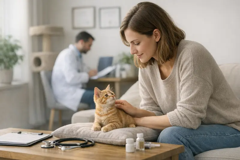 Katzenbesitzerin bei einem Tierarzttermin mit ihrer gesunden Katze zur Gesundheitsprüfung.
