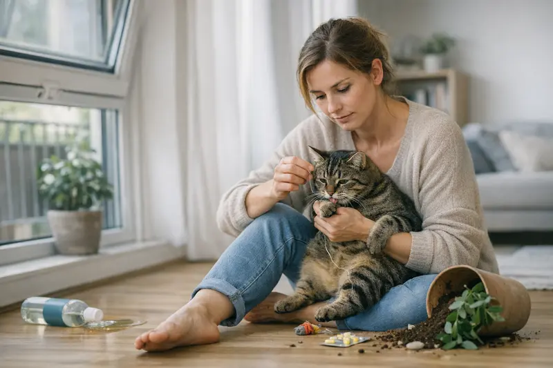 Wohnungsrisiken für Haustiere Katzenbesitzerin überprüft Pflanzen im Wohnzimmer, um Vergiftungen zu vermeiden.