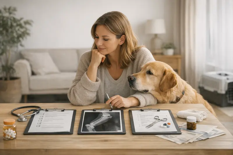 Tarifvergleich Tierkrankenversicherungen Tierschutzexperte zeigt verschiedene Versicherungsoptionen auf einem Tablet.
