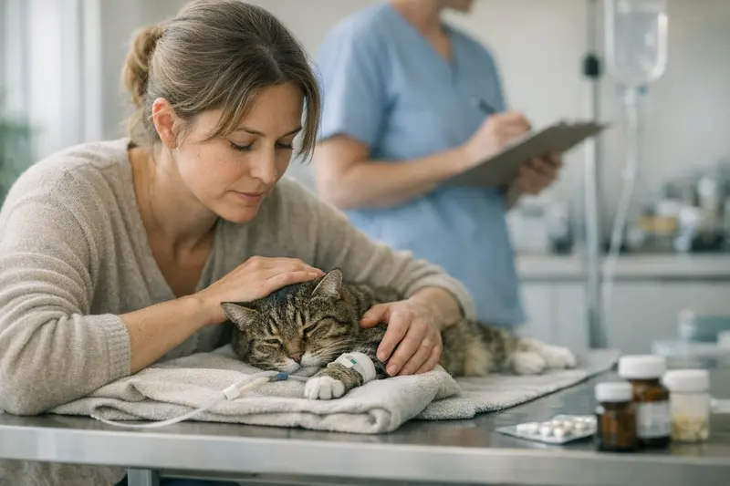 Katzenaerztliche Untersuchung mit einem Tierarzt, der die Gesundheit der Katze prüft und potenzielle Anfall-Krankheiten analysiert.