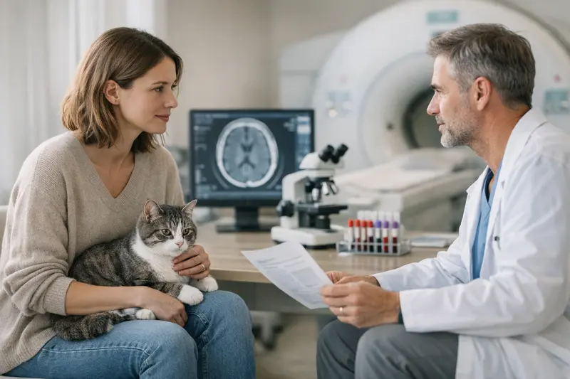 Katzenversicherung und Diagnostik Eine Katze lässt sich von einem Tierarzt untersuchen, während Diagnosetests durchgeführt werden.