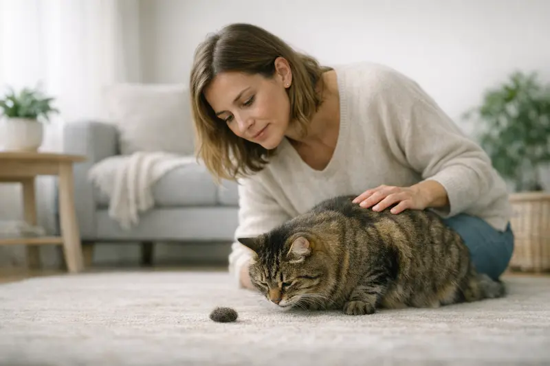 Erbrechen von Haarballen bei Katzen Eine Katze, die Haarballen erbricht, was gelegentlich vorkommen kann und meist harmlos ist.