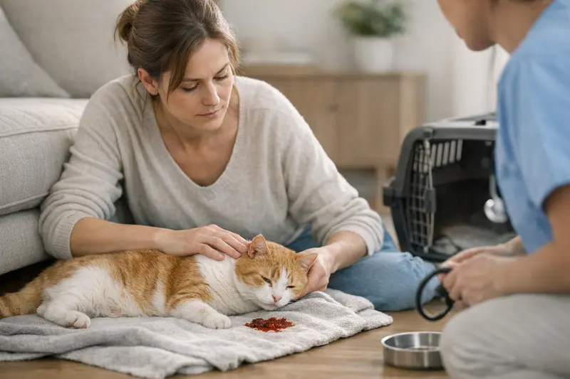 Katzenärzte raten: Wann ist Erbrechen ein Notfall? Eine Katze mit Anzeichen von Erbrechen sitzt besorgt neben ihrem Futternapf.