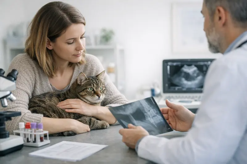 Tierärztliche Diagnostik Katze Tierärztliche Diagnostik bei einer Katze, die erbricht
