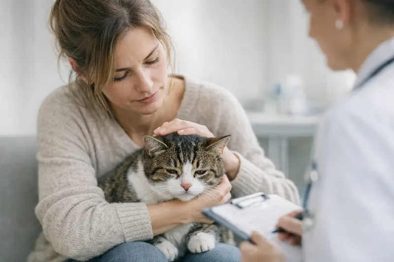 Katze mit Erkältungssymptomen Eine Katze mit Anzeichen einer Erkältung, die Ruhe sucht