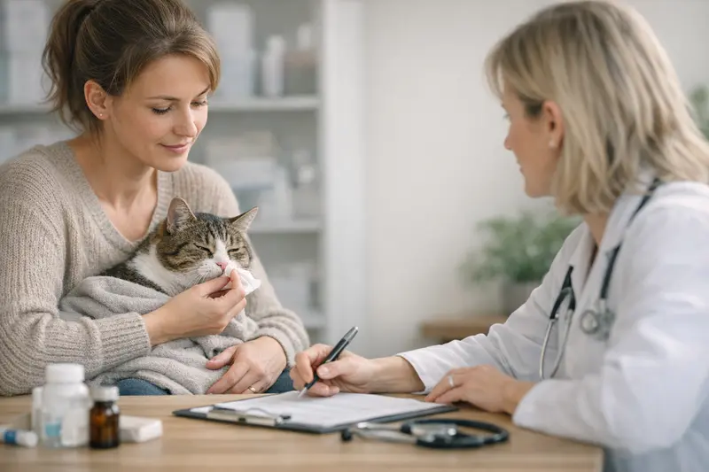 Tierarztprüfung bei Atemwegserkrankungen Ein Tierarzt untersucht eine Katze mit Atemwegsproblemen und erklärt die Tarifdetails der Tierkrankenversicherung.