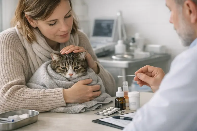 Katzenarzt untersucht eine Katze mit Erkältungssymptomen.