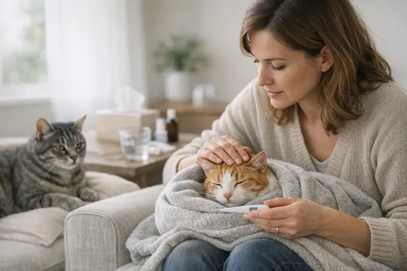 Katzengesundheit und Erkältung Katzengesundheit: Eine Katze wird von ihrem Halter während einer Untersuchung beim Tierarzt aufmerksam beobachtet, um eine mögliche Erkältung zu erkennen.