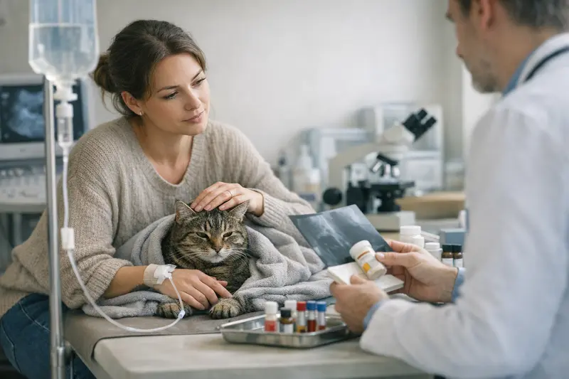 Tierarztkosten bei Katzeninfekten Tierarzt untersucht eine Katze mit Infekt und erklärt die typischen Tierarztkosten.