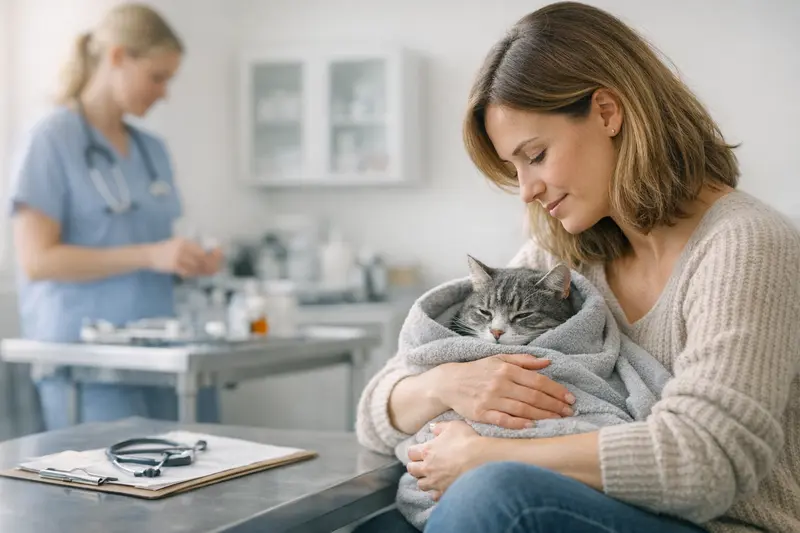 Eine Katze untersucht ein Tierarzt, während der Besitzer sich über die Katzenkrankenversicherung informiert.