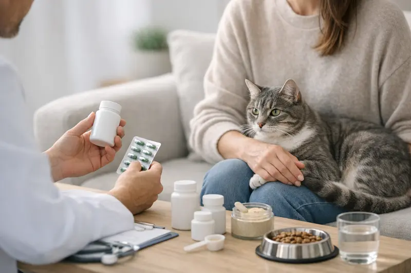 Eine Katze wird vom Tierarzt untersucht, während Nahrungsergänzungen besprochen werden.