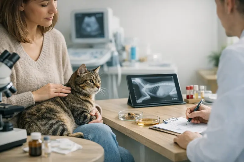 Eine Katze wird von einem Tierarzt auf Symptome untersucht, um Diagnosen zu stellen.