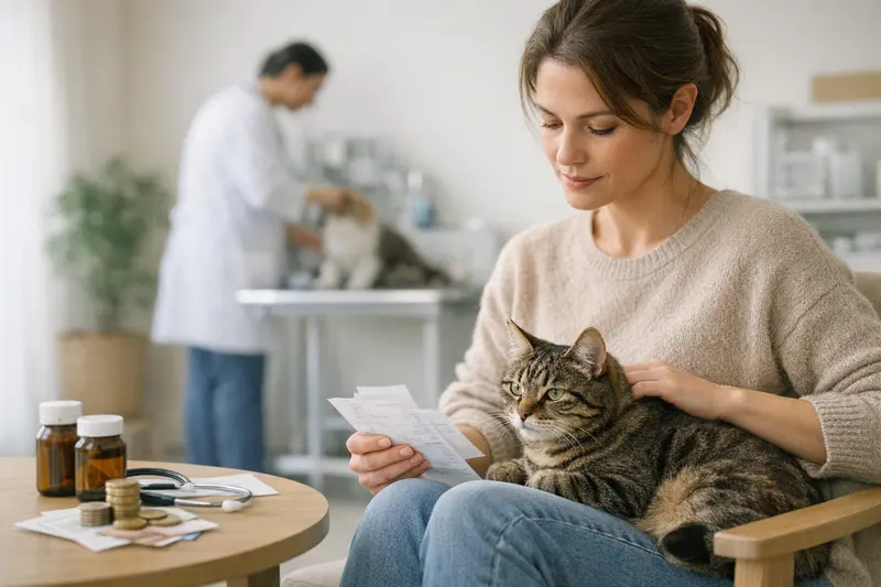 Tierarztbesuch Katze Selbstbeteiligung Eine Katze beim Tierarzt, die auf die Gesundheitskosten und Selbstbeteiligung vorbereitet ist.