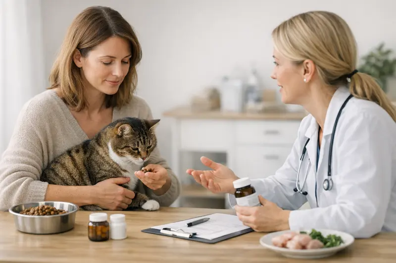 Tierärztliche Untersuchung einer Katze auf ernährungsbedingte Beschwerden.