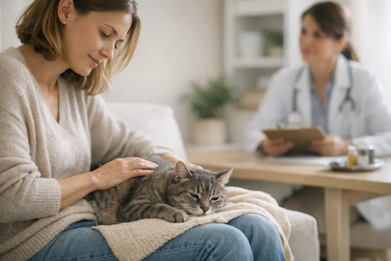 Versicherung für Katzen mit bekannten Symptomen Katzenhalter betrachtet einen Versicherungsvertrag während die Katze im Hintergrund sitzt.