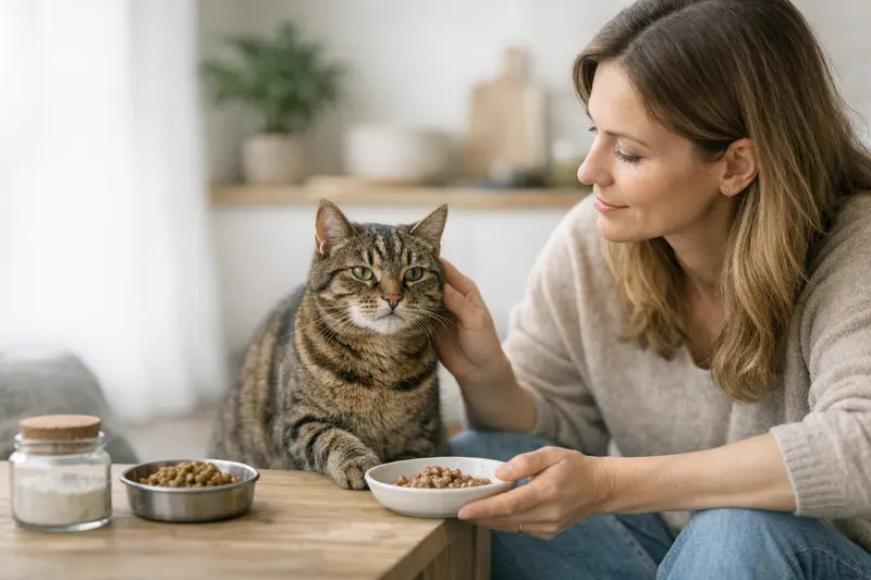 Monoprotein-Diät für Katzen Eine Katze frisst sorgfältig eine Monoprotein-Diät zur Verbesserung ihrer Gesundheit.