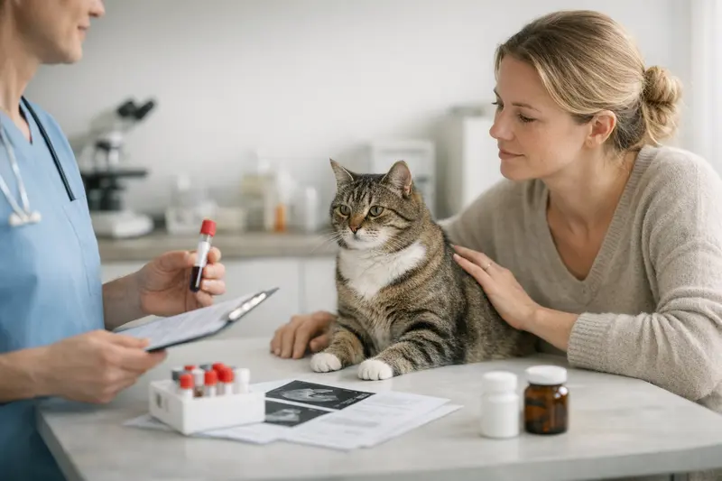 Tierarztkosten bei Futterreaktionen Tierarzt bei der Untersuchung einer Katze auf Futterreaktionen und mögliche Symptome.