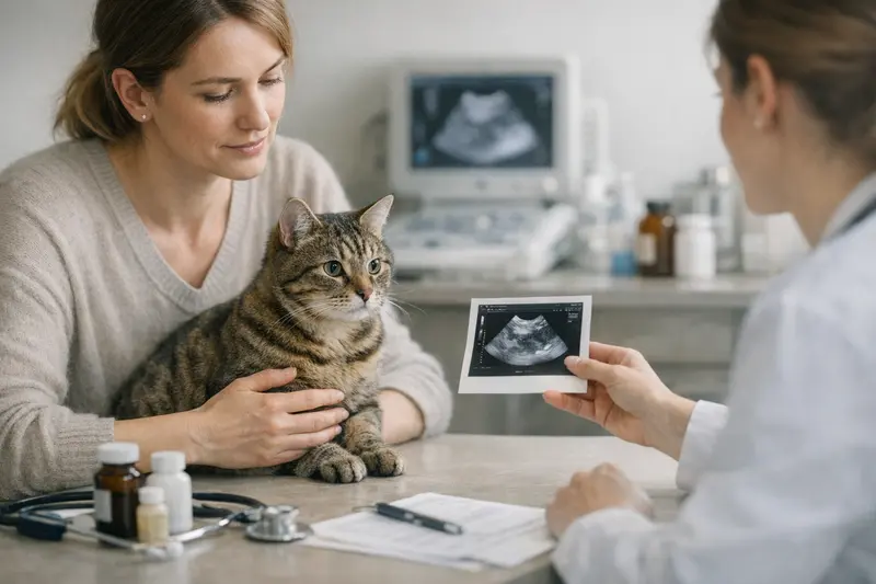 Katzendiagnostik beim Tierarzt Eine beruhigte Katze beim Tierarzt, die eine Diagnose erhält.