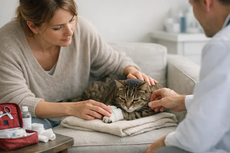 Erste Hilfe bei Katzen - Bedeutung für die Gesundheit Eine Katze erhält erste Hilfe von ihrem Besitzer, bevor sie zum Tierarzt gebracht wird.