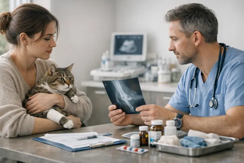 Beispiel für eine Katze beim Tierarzt während einer Notfalluntersuchung, die eine Katzenversicherung benötigt.