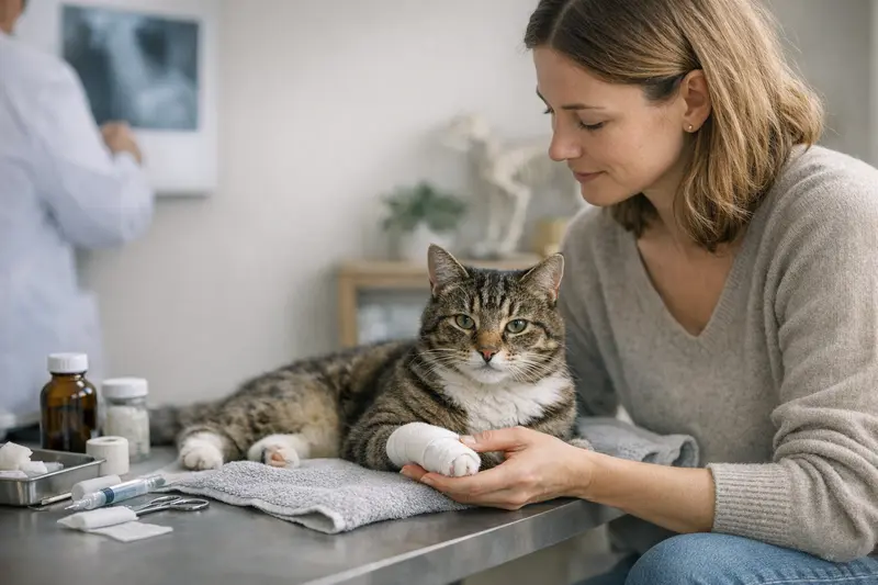 Tierarztkosten bei Pfotenverletzungen von Katzen Tierarzt untersucht die Pfote einer Katze auf Verletzungen.