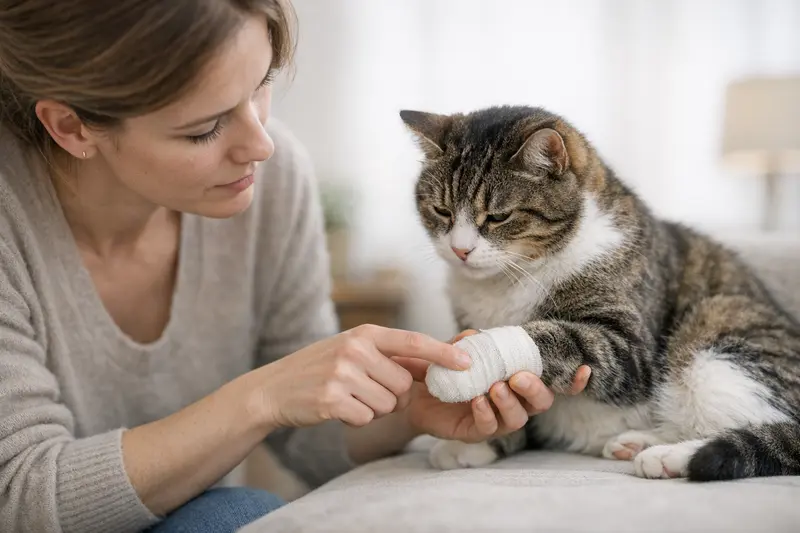 Prüfung des Pfotenverbands bei Katzen Katzenpfote mit Verband, die bei der Untersuchung auf Anzeichen von zu engem Sitz geprüft wird.