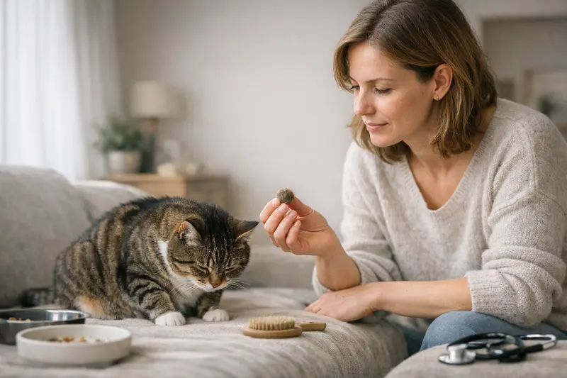 Katzenfellwechsel und Haarballen Katzengesicht mit sichtbarem Haarballen während des Fellwechsels.