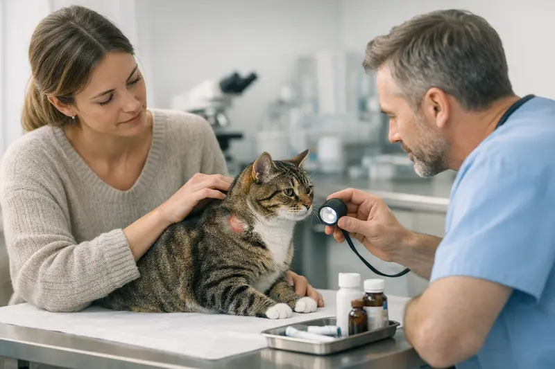 Tierarztbesuch bei einer Katze mit Fell- und Hautproblemen, die gesundheitlichen Kosten im Blick