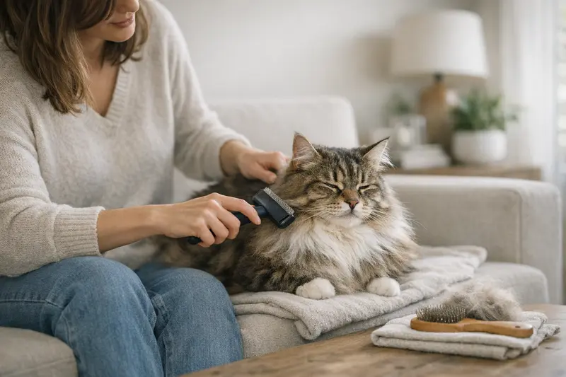 Pflege von Katzen während des Fellwechsels Eine Katze wird während des Fellwechsels liebevoll gebürstet