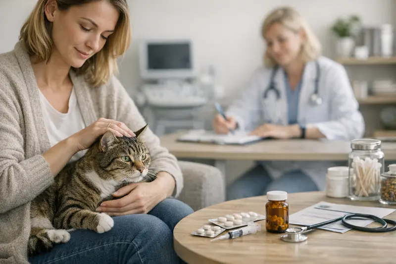 Tierarztbesuch für Katzenabsicherung Eine Katze beim Tierarzt zur Untersuchung, wichtig für die Gesundheitsvorsorge.