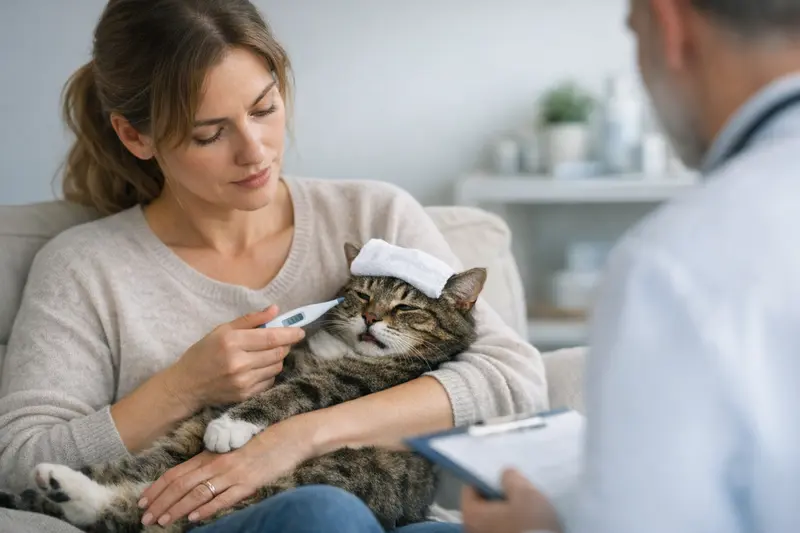 Notfall bei Katzenfieber Katzendiagnose bei Fieber über 40°C – dringender Tierarztbesuch erforderlich.