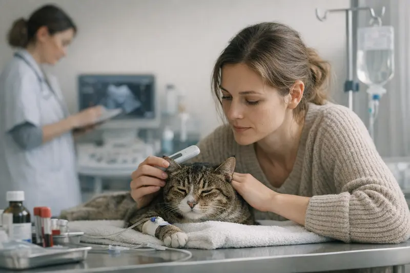 Katzenfieber beim Tierarzt Eine Katze mit Fieber beim Tierarzt, die medizinisch untersucht wird.