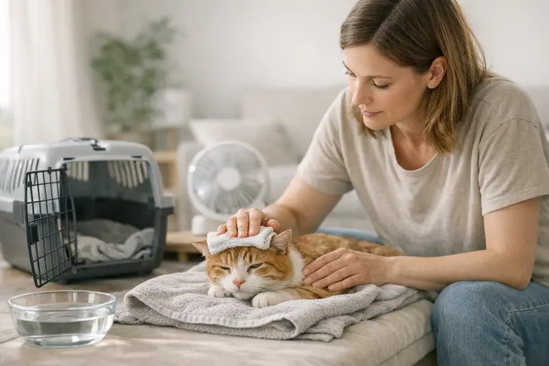 Sofortmaßnahmen bei Katzen-Notfällen Katzenbesitzer hält eine verletzte Katze ruhig, während der Tierarzt kontaktiert wird.