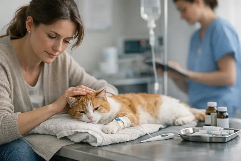 Katze Tierarzt Fieberuntersuchung Eine Katze wird in einer Tierarztpraxis untersucht, um Fieber und Notfälle zu behandeln.
