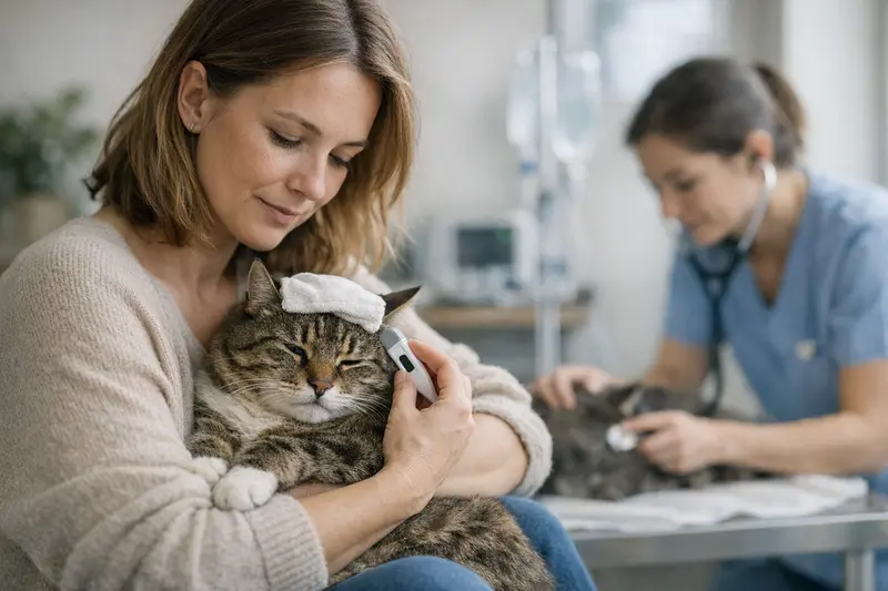 Eine Katze mit hohem Fieber wird von einem Tierarzt untersucht, um akute Erkrankungen festzustellen.