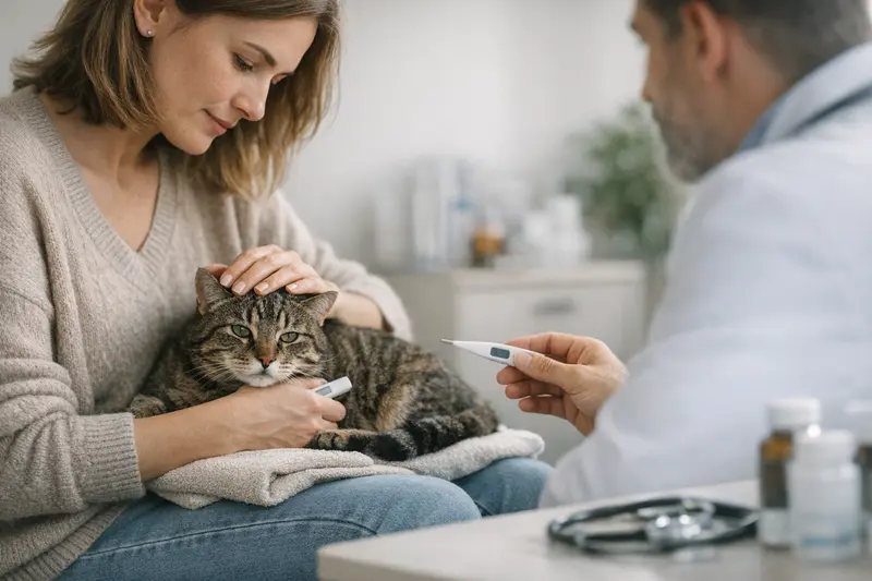 Katzendoktor untersucht die Ursache von Fieber bei einer Katze.